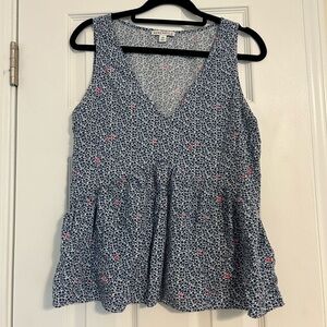 J.Crew Floral Sleeveless Peplum Top Sz XS Empire Waist Boho Blue Pink Cottage